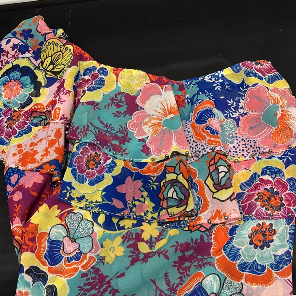 V Cristina Pink and Blue Asymmetrical Ruffled Blouse
